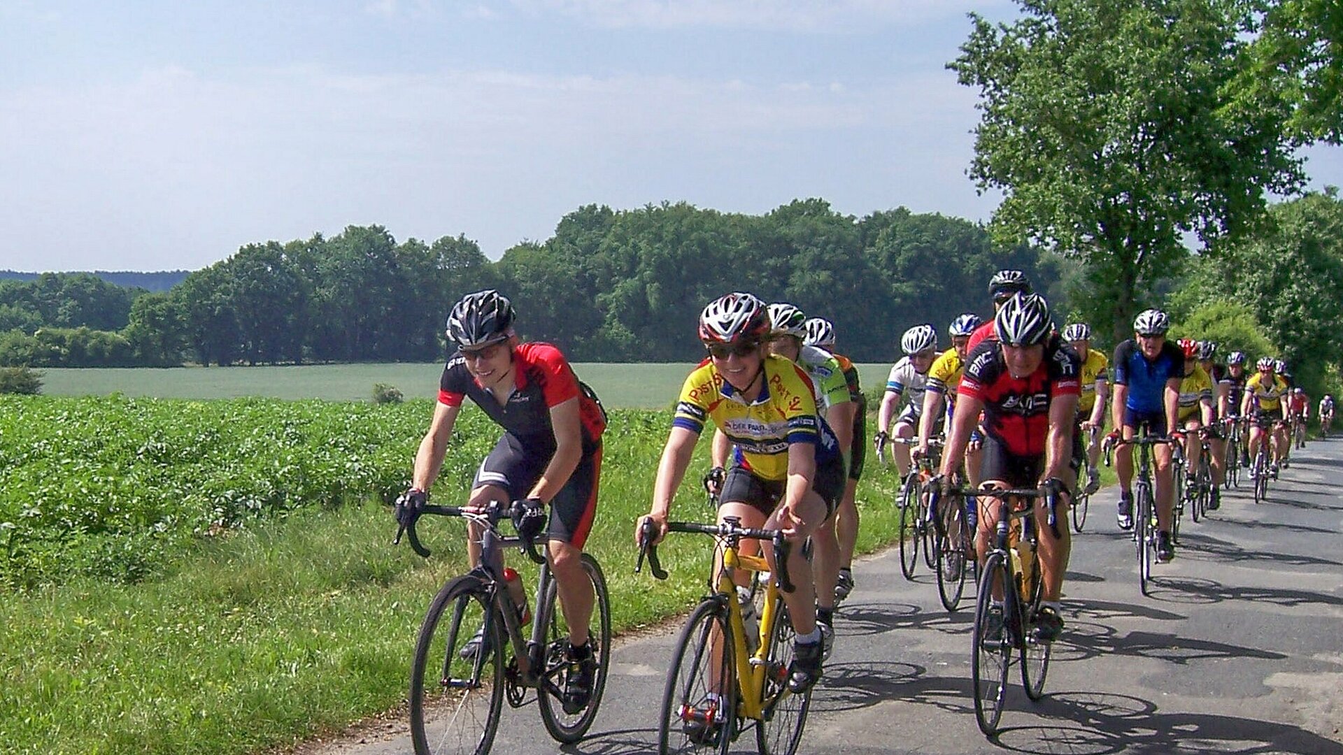 Eine Gruppe Rennradfahrer fährt auf einer schmalen asphaltierten Straße an einem Feld vorbei.